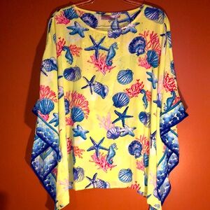 QuackerFactory Vibrant Yellow/Blue/Pink Sea Life Print Poncho Top Coastal Resort
